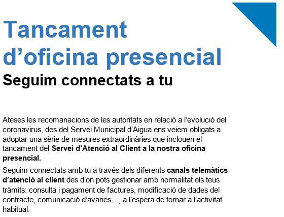 aigües del vendrell tanca l’oficina d'atenció al públic com a mesura de prevenció contra el COVID-19